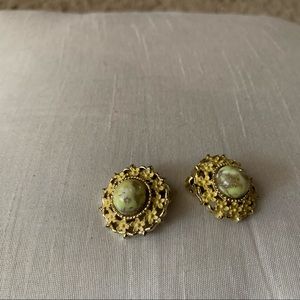 Vintage Clip on Earrings, Ring of Flowers around Green Center Stone